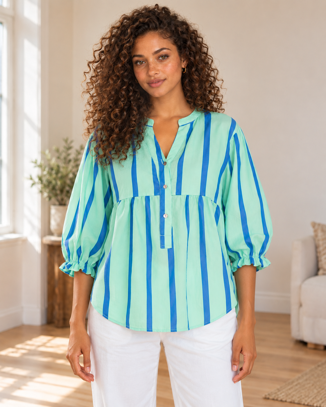 Blushenne Striped Tie-Front Blouse — original hero model and room, pose 1