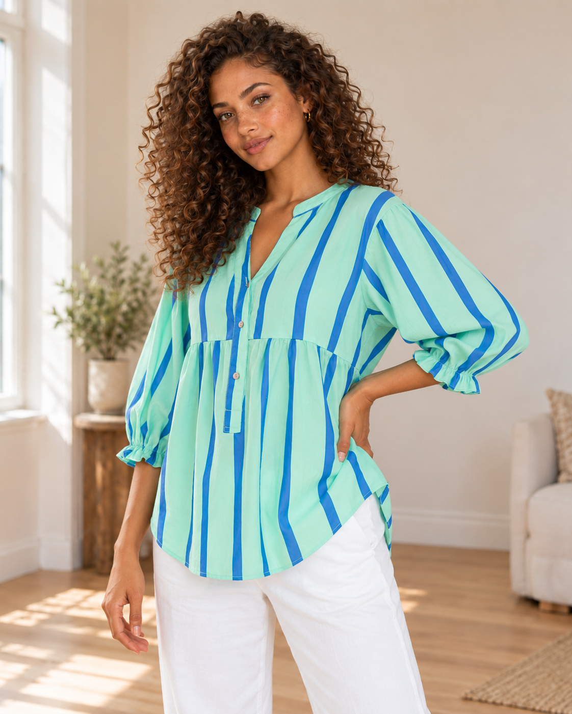 Blushenne Striped Tie-Front Blouse — original hero model and room, pose 2