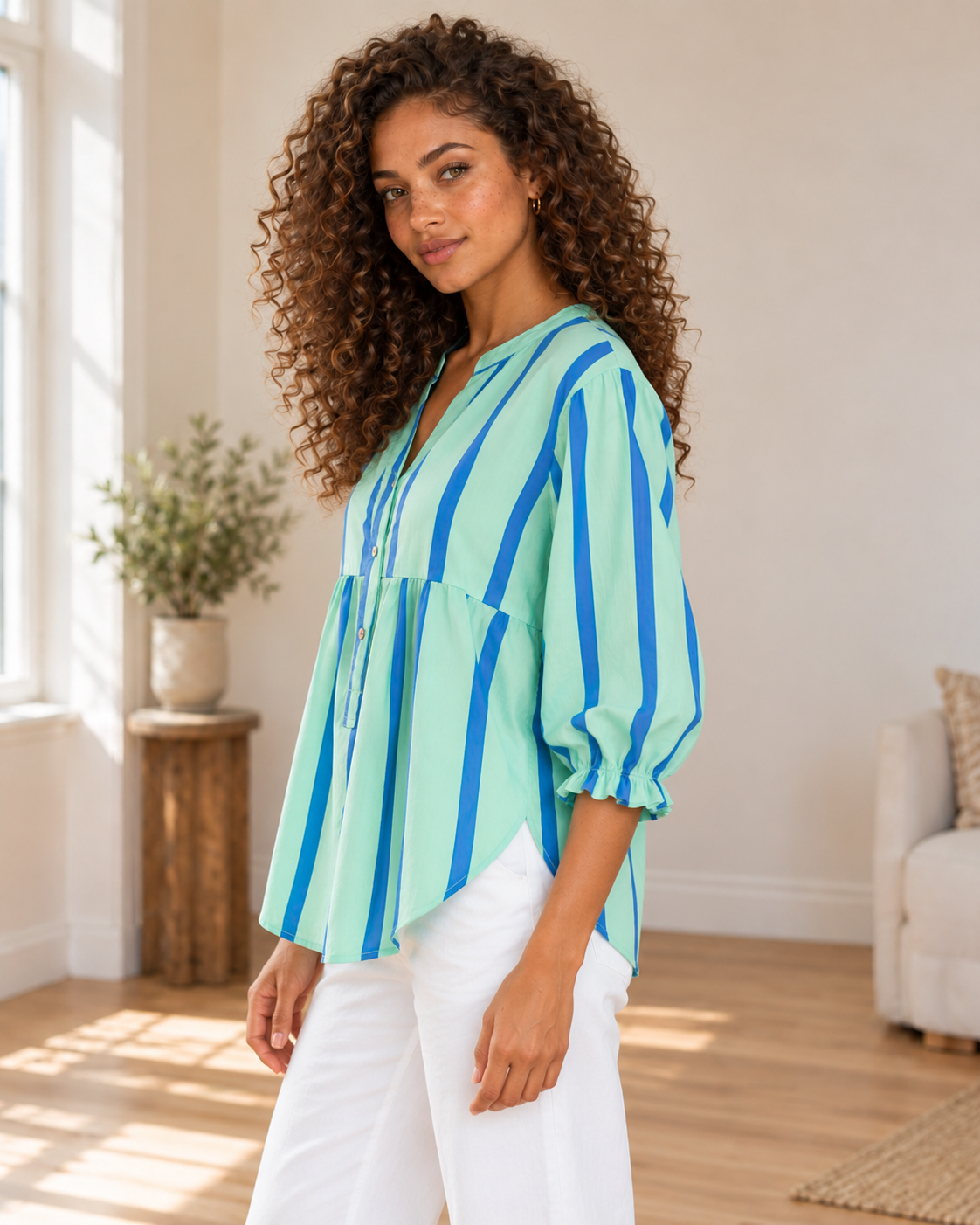Blushenne Striped Tie-Front Blouse — original hero model and room, pose 3