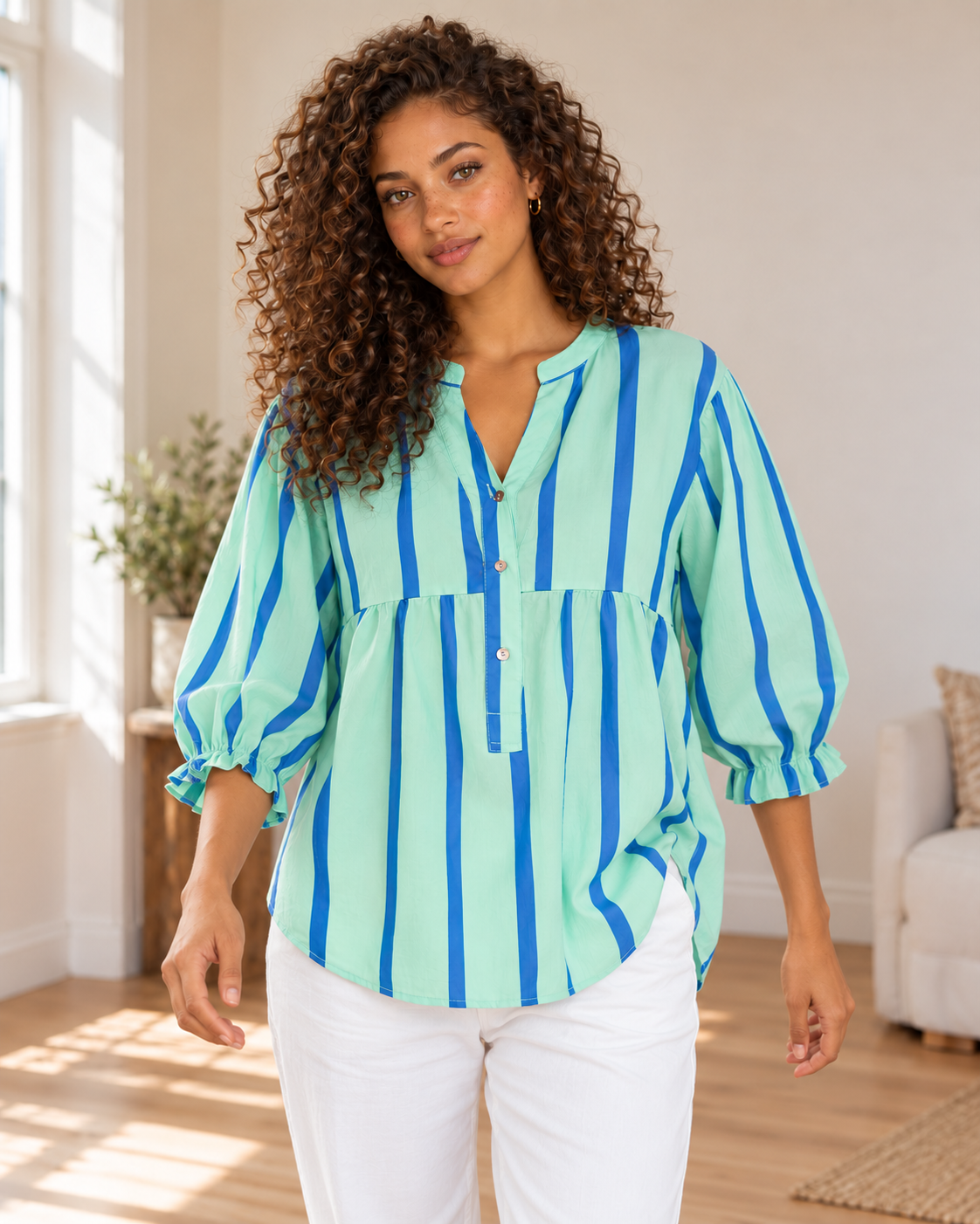 Blushenne Striped Tie-Front Blouse — original hero model and room, pose 4