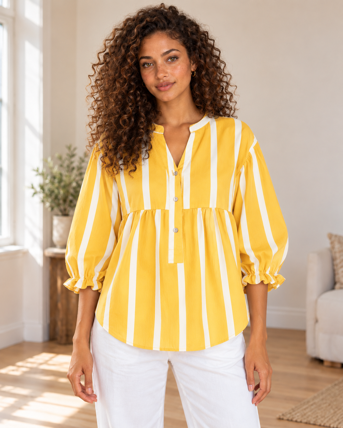 Striped Blouse in Yellow, same hero model and background, pose 1