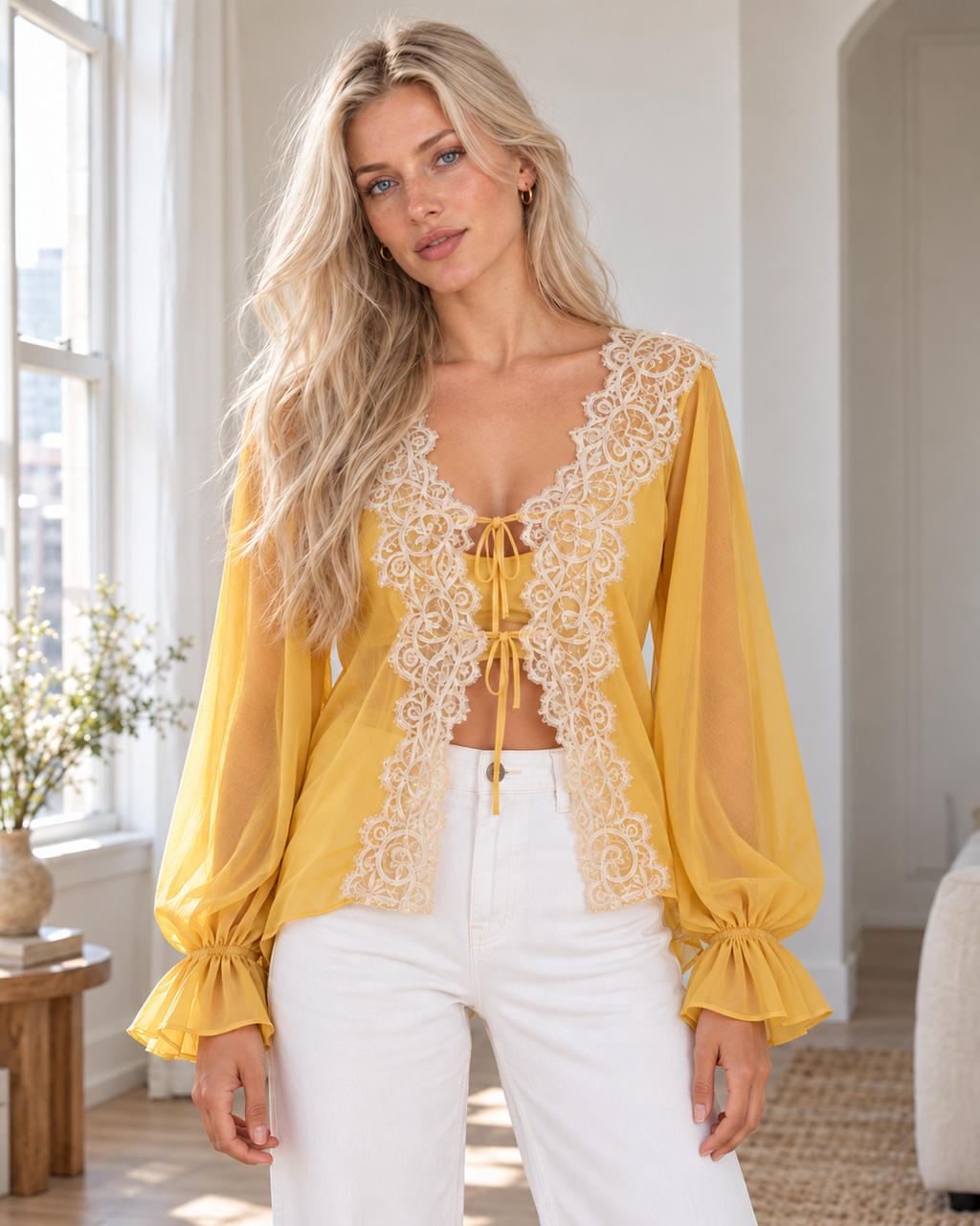 Blushenne Sheer Lace Tie-Front Blouse — original hero model and room, pose 1