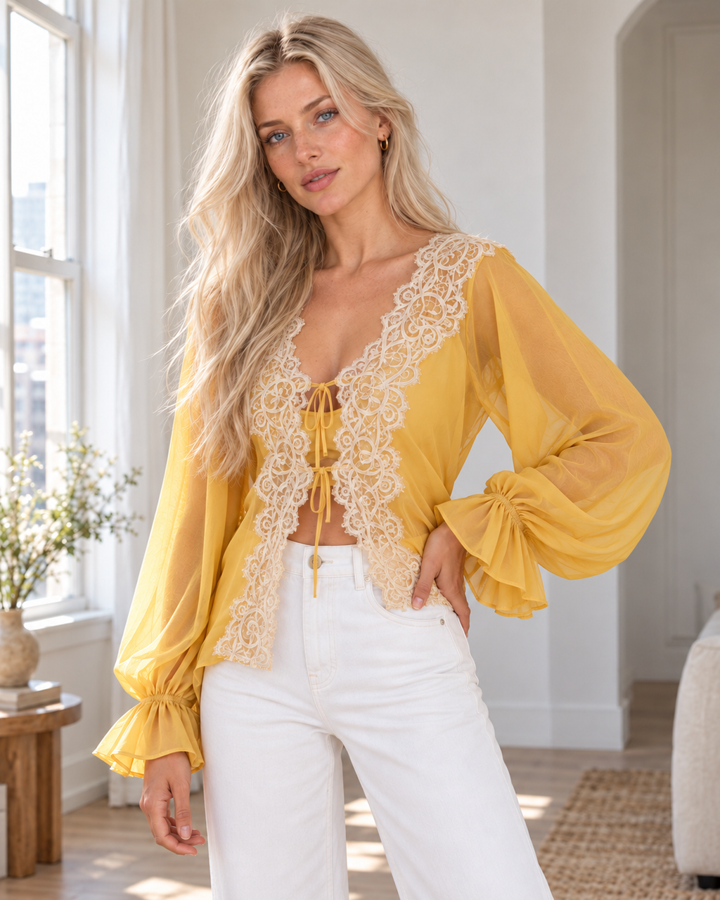 Blushenne Sheer Lace Tie-Front Blouse — original hero model and room, pose 2