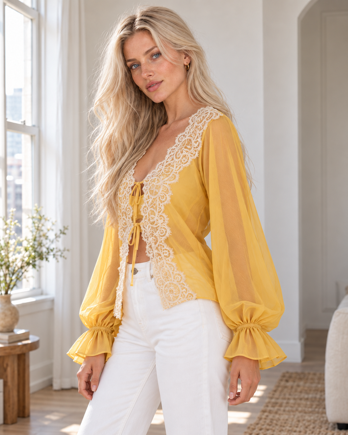 Blushenne Sheer Lace Tie-Front Blouse — original hero model and room, pose 3