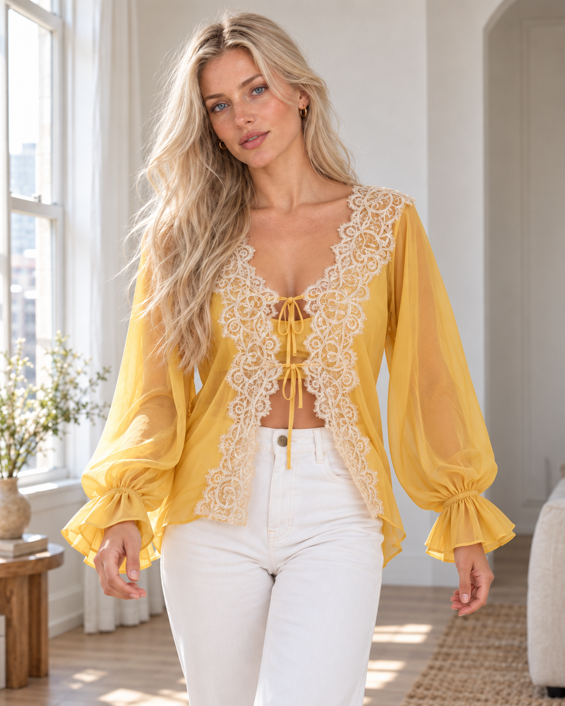 Blushenne Sheer Lace Tie-Front Blouse — original hero model and room, pose 4