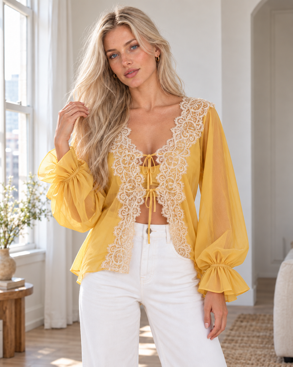 Blushenne Sheer Lace Tie-Front Blouse — original hero model and room, pose 5