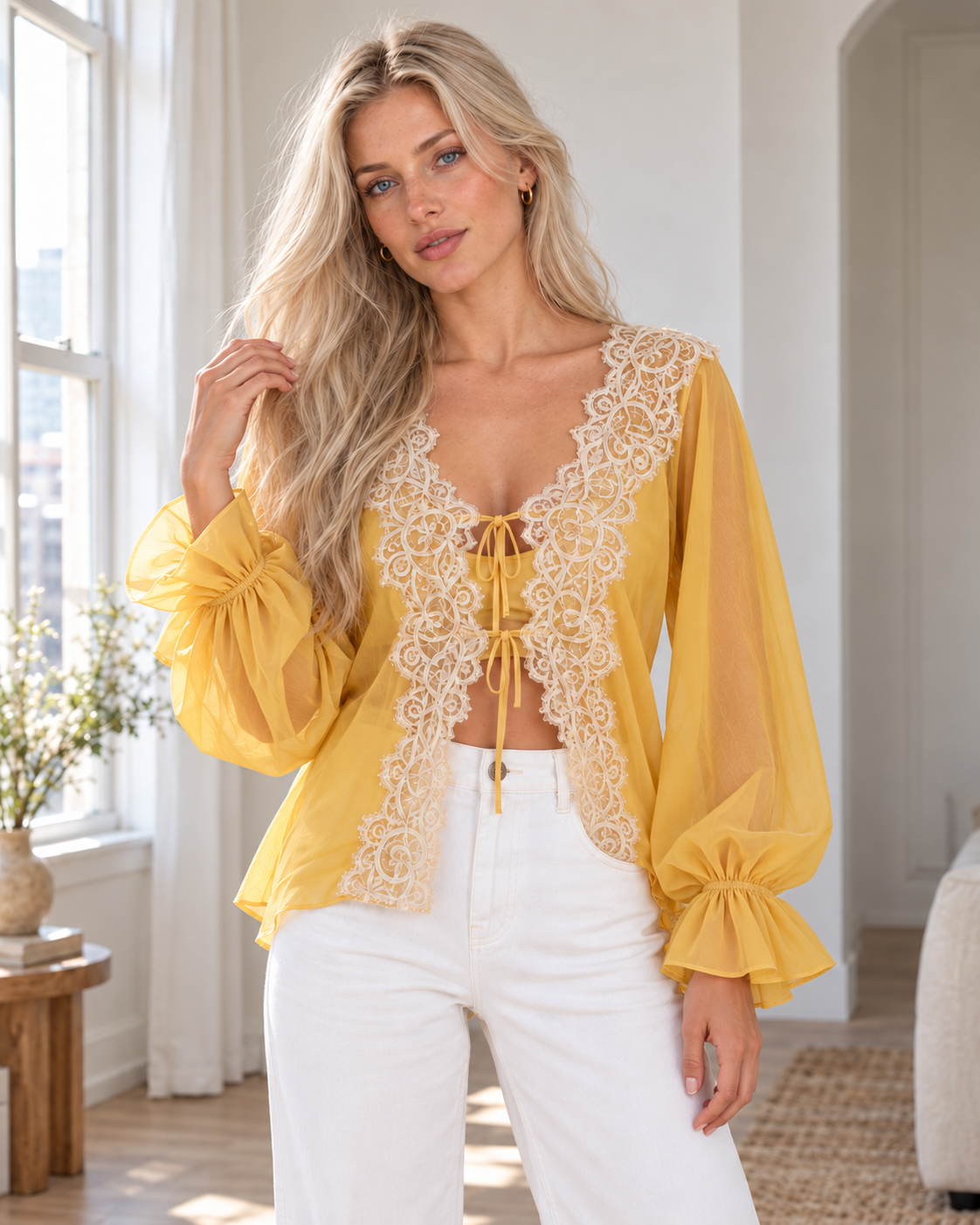 Blushenne Sheer Lace Tie-Front Blouse — original hero model and room, pose 5