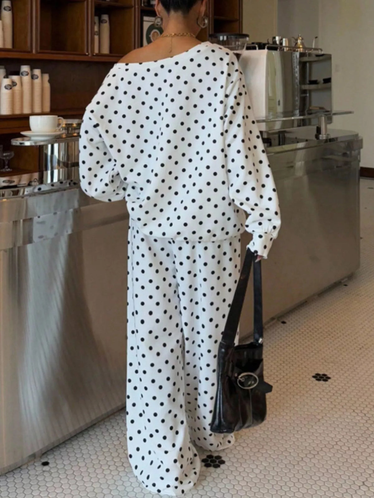 Odette Polka Dot Two-Piece Lounge Set – women's oversized polka dot top and pants set, view 5