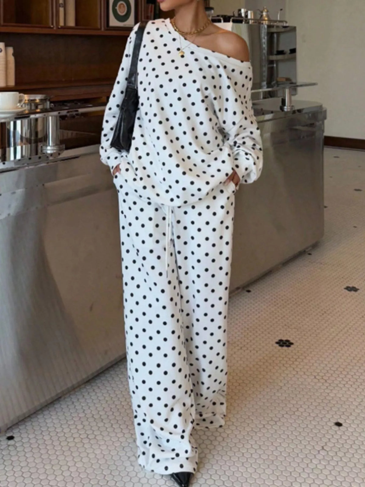 Odette Polka Dot Two-Piece Lounge Set – women's oversized polka dot top and pants set, view 2