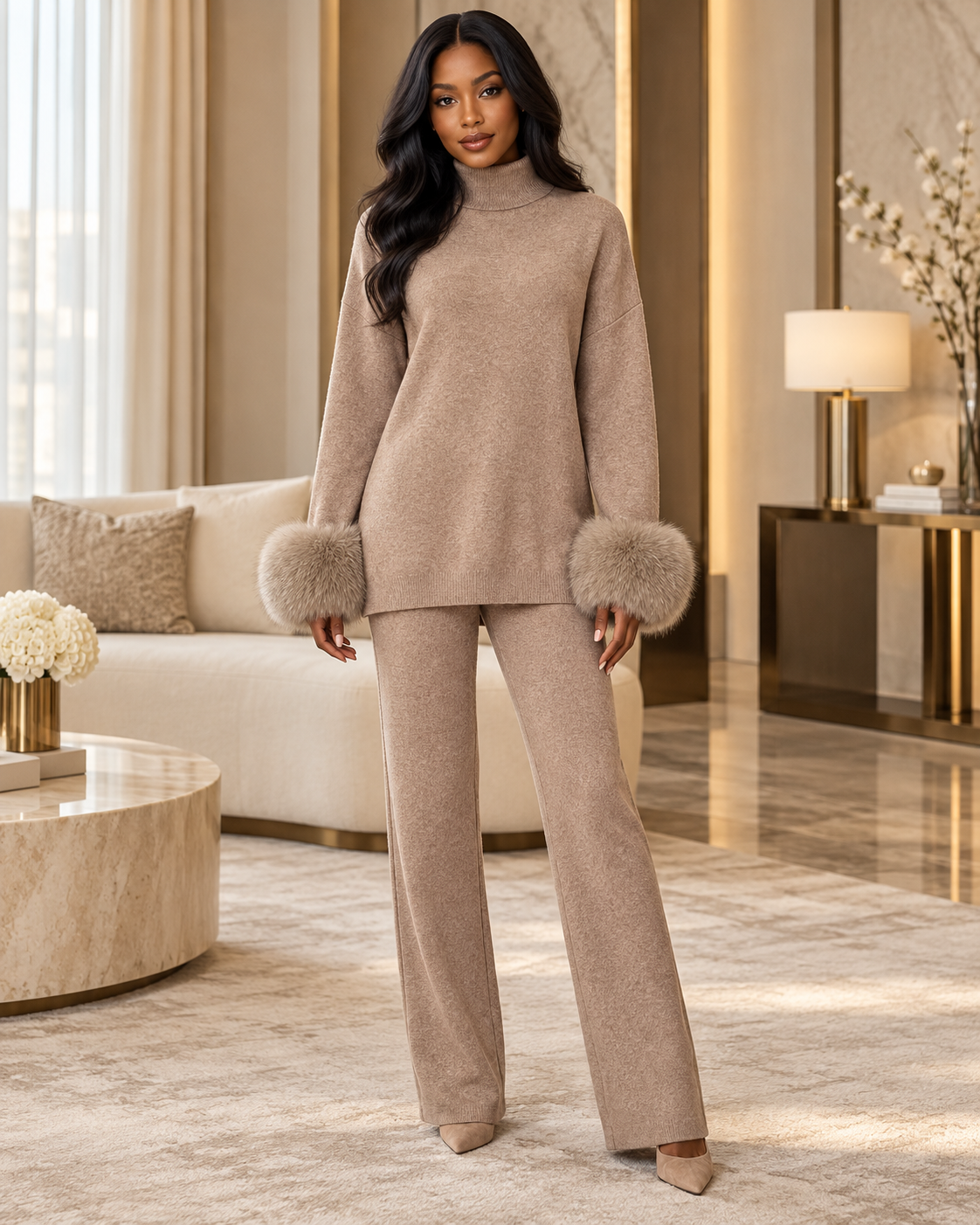 Fur-Cuff Knit Top & Pants Set modeled hero image