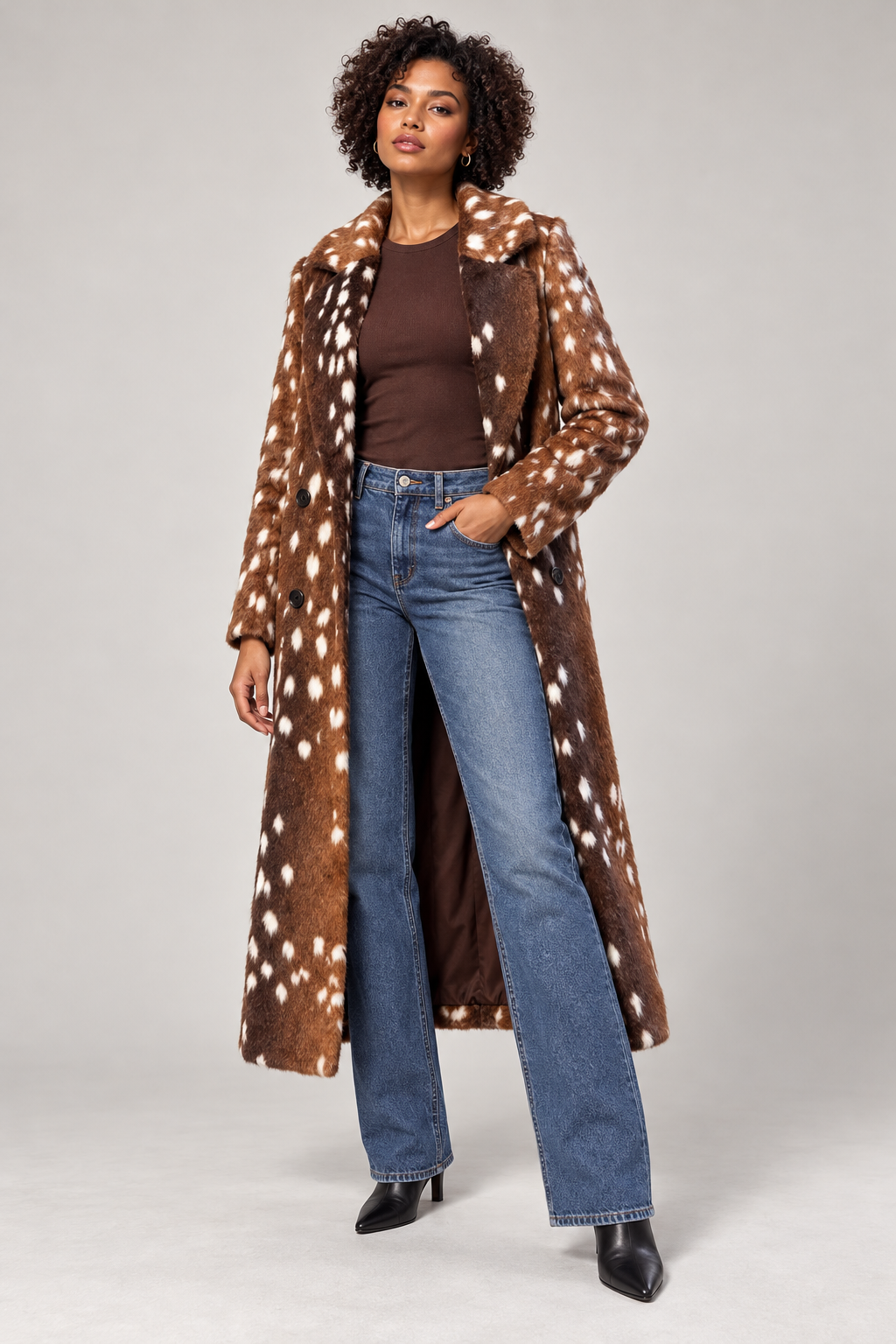 Deer Print Faux Fur Double-Breasted Long Coat editorial product hero