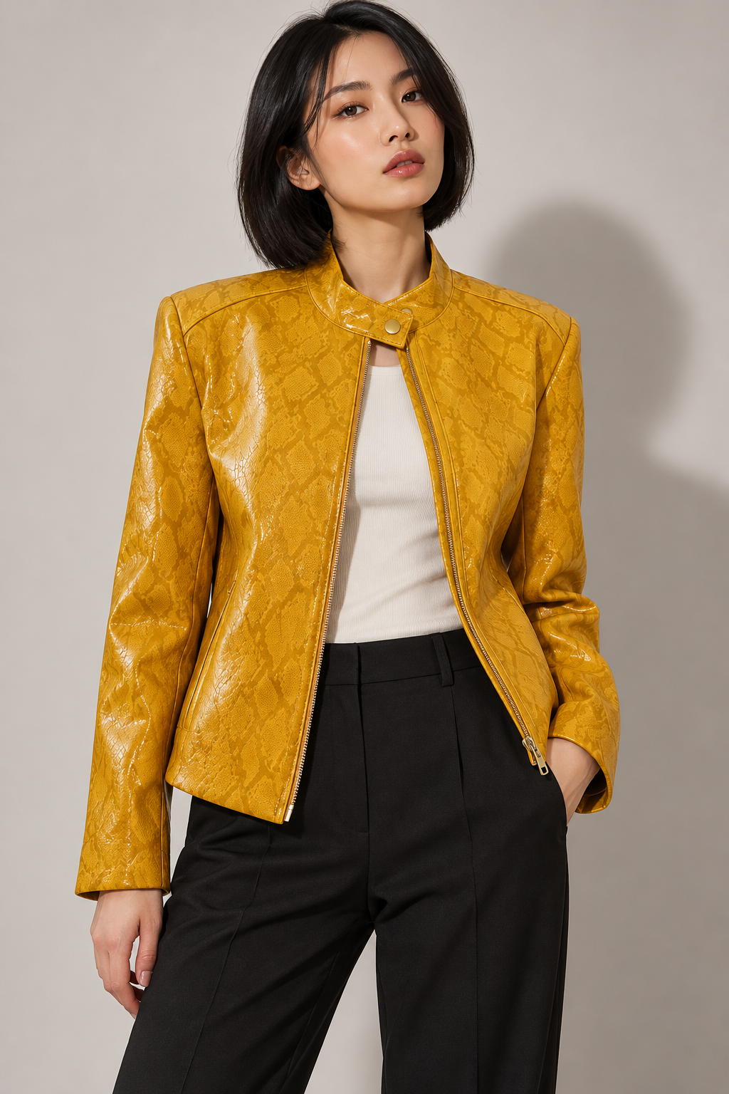 PU Leather Stand-Collar Zip Jacket editorial product hero
