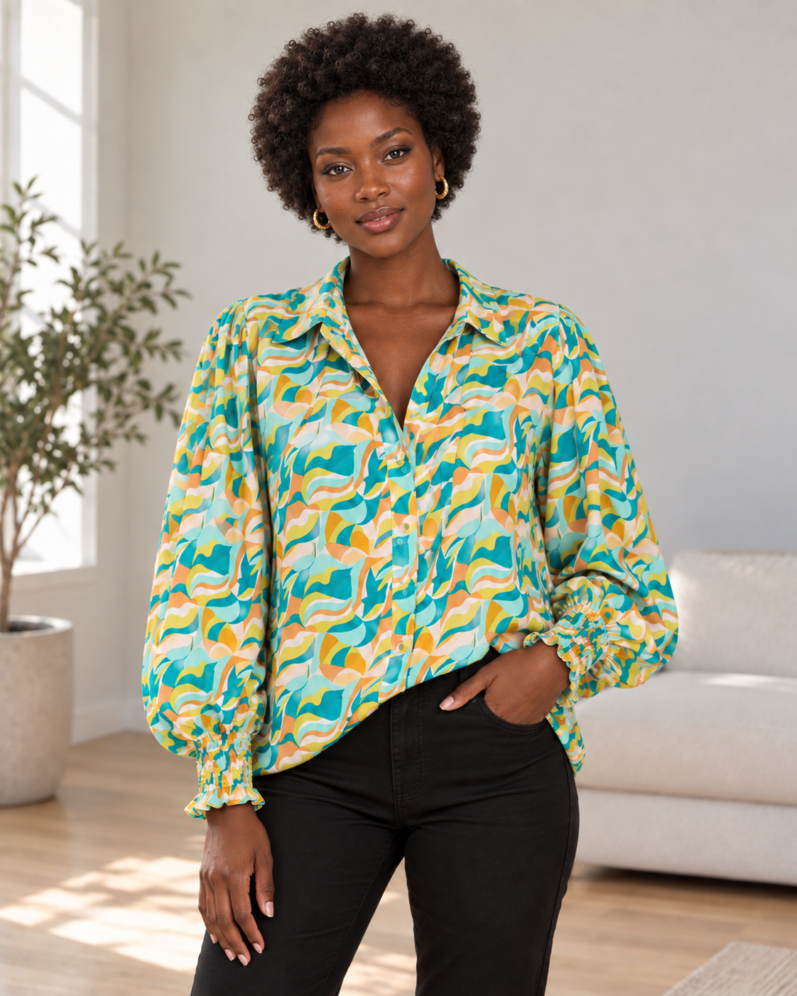 Blushenne Smocked Print Long-Sleeve Blouse worn by a photorealistic adult fashion model with natural skin texture
