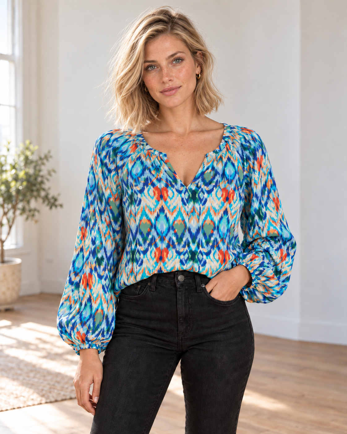 Blushenne Printed Balloon-Sleeve Blouse worn by a photorealistic adult fashion model with natural skin texture