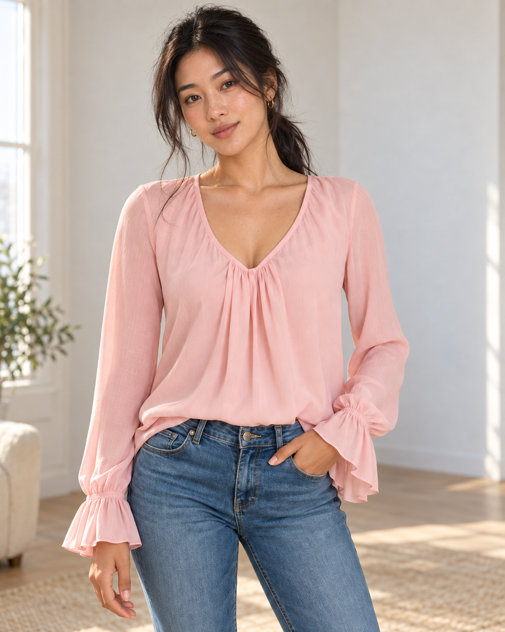 Blushenne V-Neck Flounce-Sleeve Blouse on a distinct photorealistic fashion model
