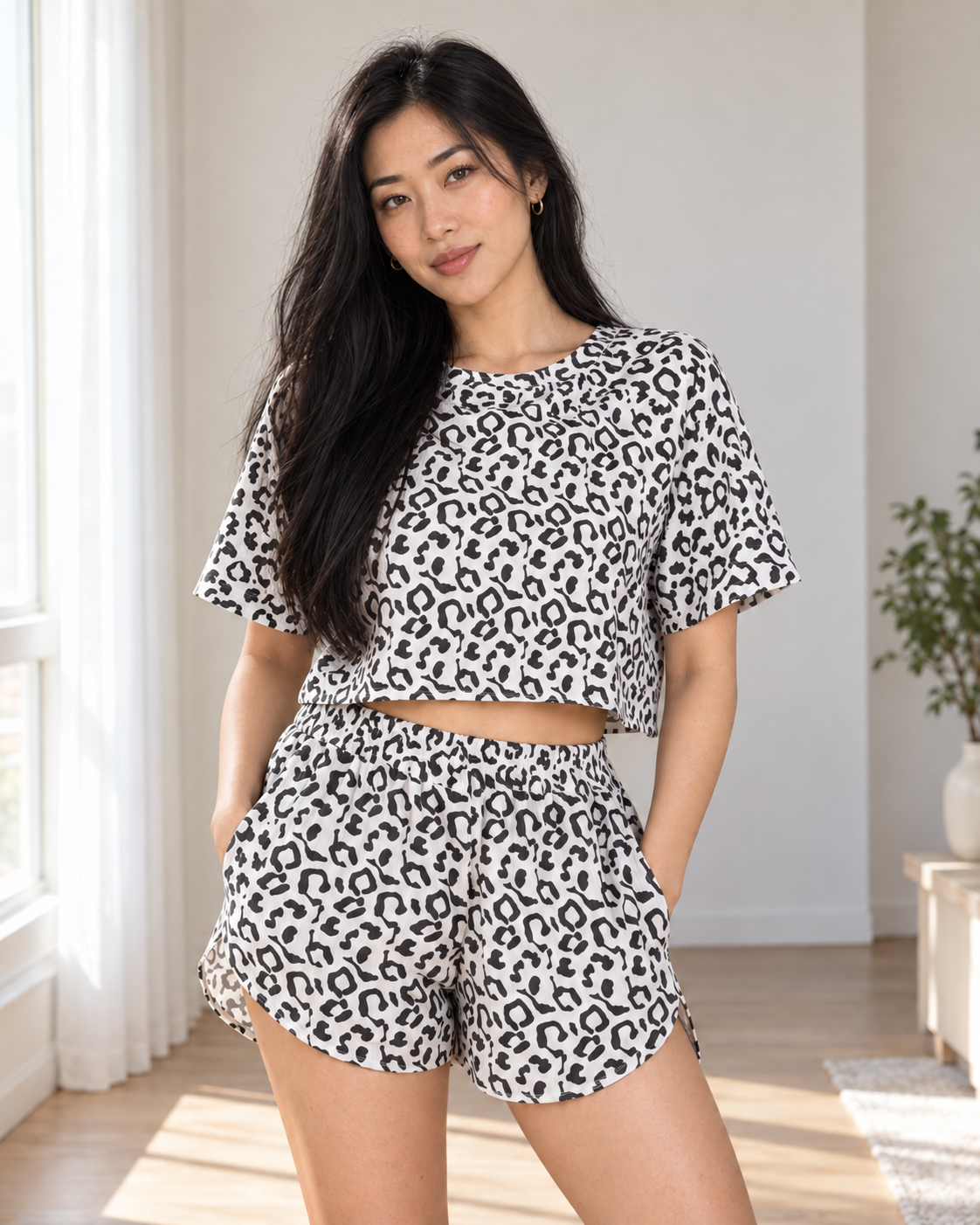 Blushenne Leopard Crop Top & Shorts Set on a distinct photorealistic fashion model