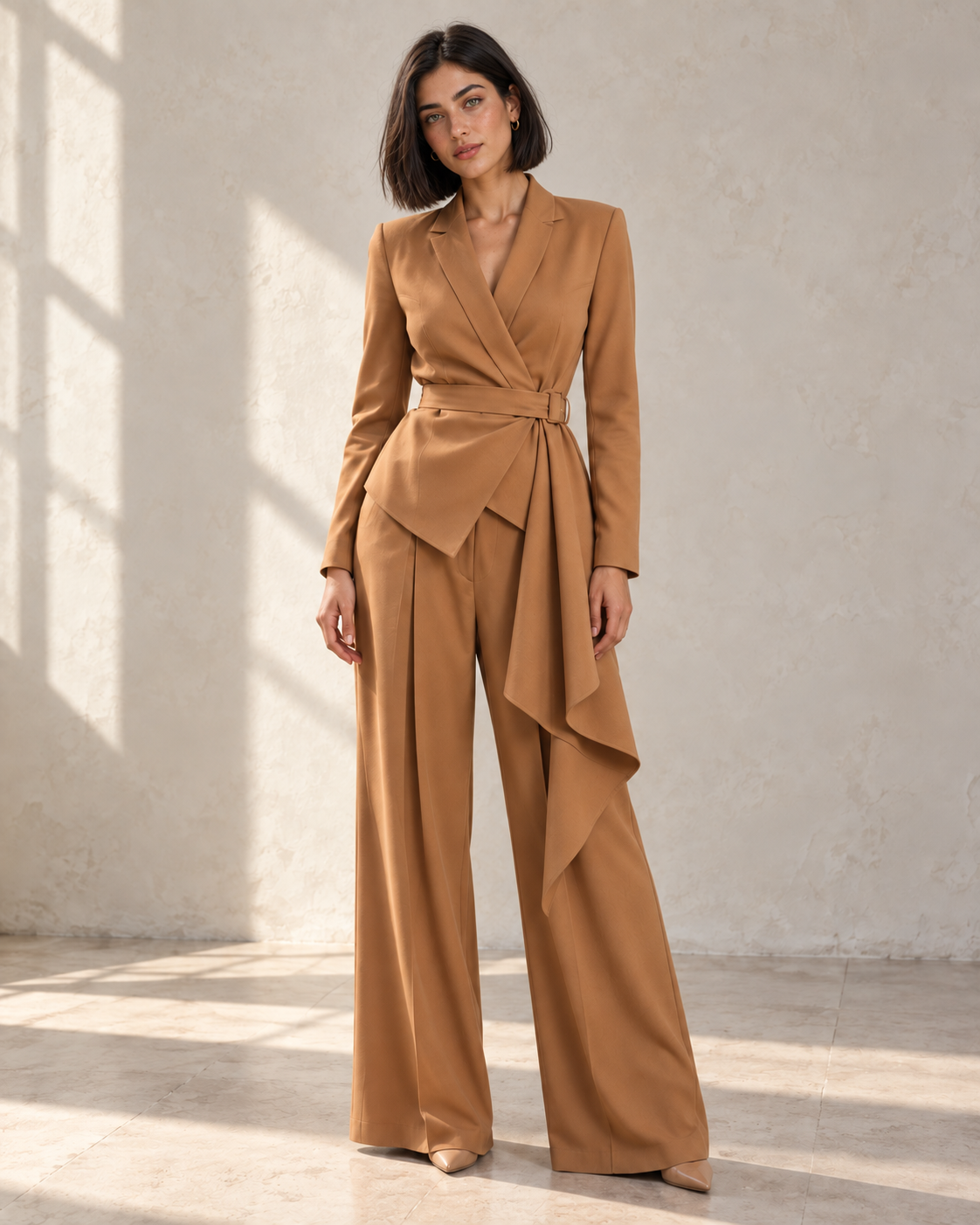 Blushenne Belted Blazer & Wide-Leg Pants Set on a distinct photorealistic fashion model