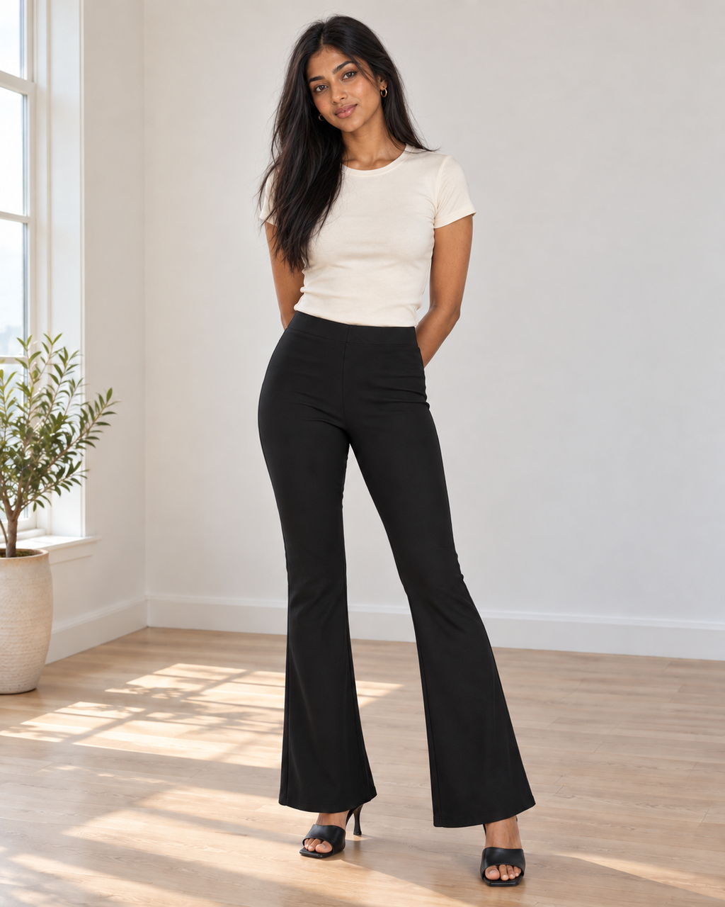 Blushenne Sculpt High-Rise Flare Pants on a distinct photorealistic fashion model