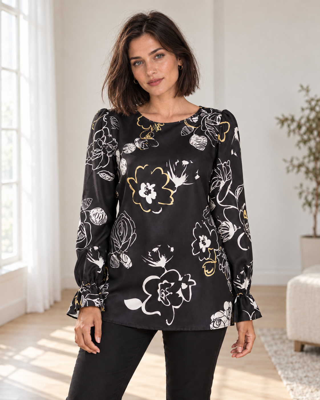 Blushenne Printed Flounce-Sleeve Blouse on a distinct photorealistic fashion model