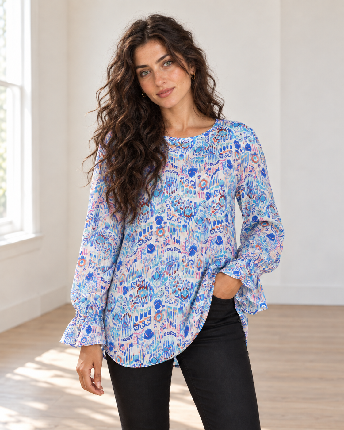 Blushenne Printed Flounce-Sleeve Blouse on a distinct photorealistic fashion model