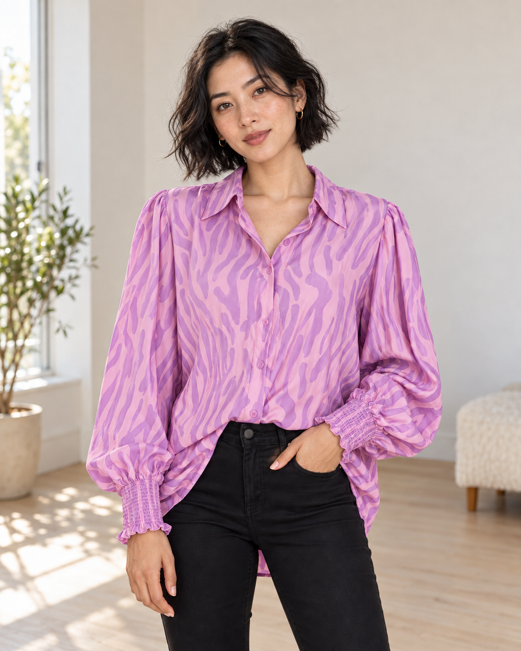 Blushenne Smocked Print Long-Sleeve Blouse on a distinct photorealistic fashion model
