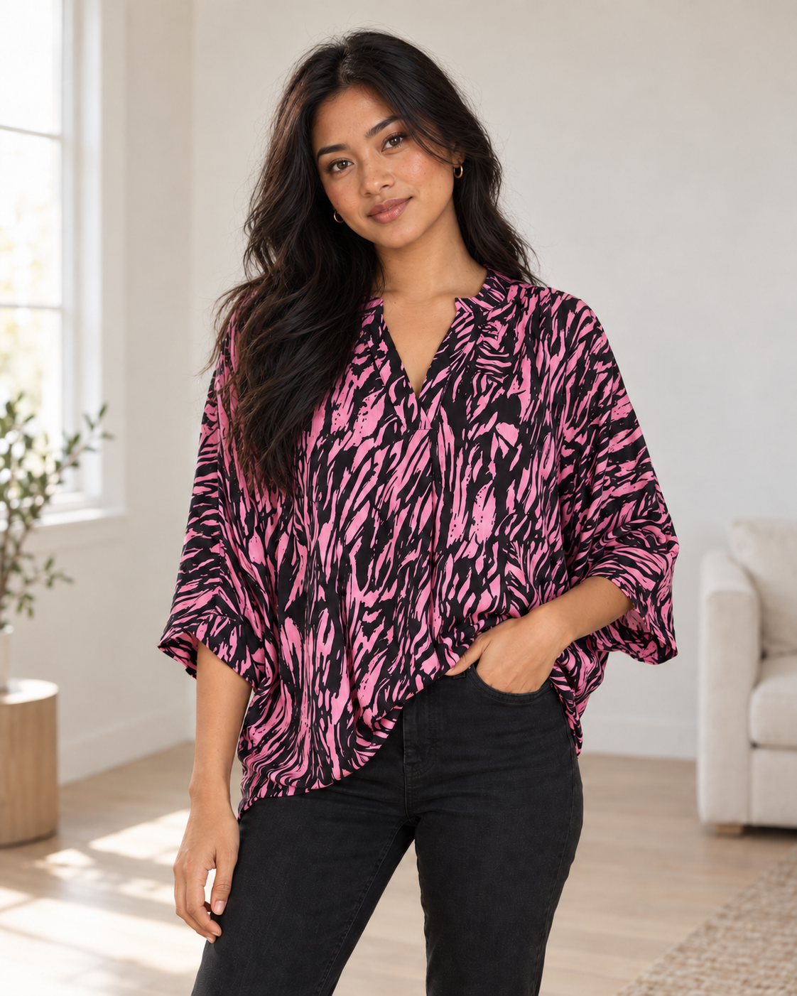 Blushenne Printed Notch-Neck Blouse on a distinct photorealistic fashion model