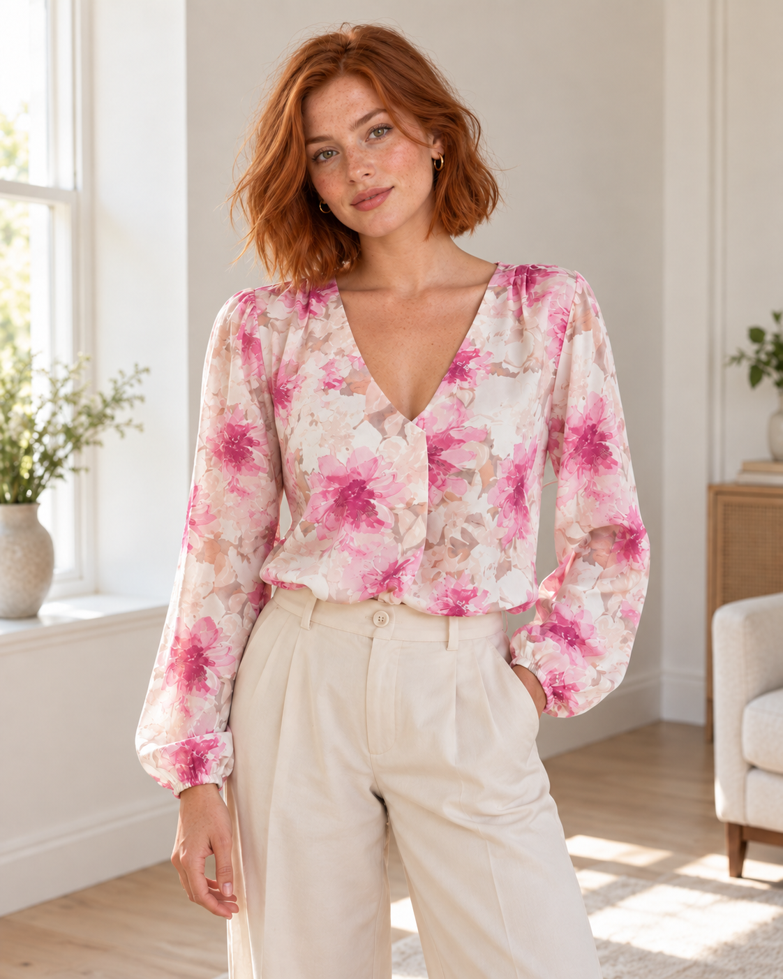 Blushenne Floral V-Neck Long-Sleeve Blouse on a distinct photorealistic fashion model