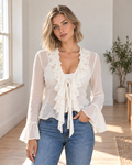 Blushenne Ruffle Flare-Sleeve Blouse on a distinct photorealistic fashion model
