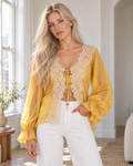 Blushenne Sheer Lace Tie-Front Blouse on a distinct photorealistic fashion model