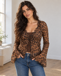 Blushenne Leopard Tie-Front Blouse on a distinct photorealistic fashion model