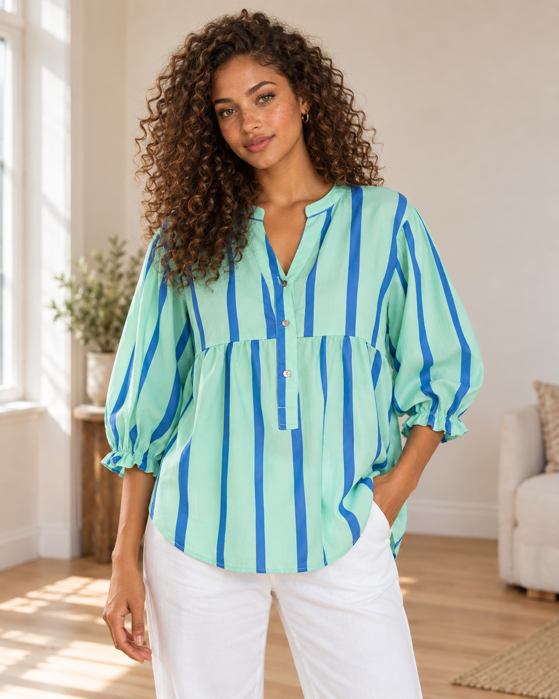 Blushenne Striped Tie-Front Blouse on a distinct photorealistic fashion model