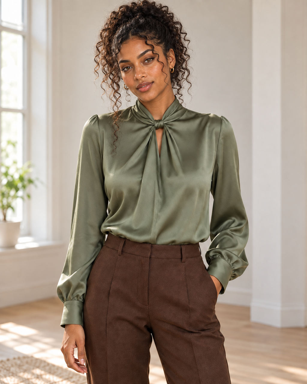 Blushenne Satin Twist-Front Blouse on a distinct photorealistic fashion model