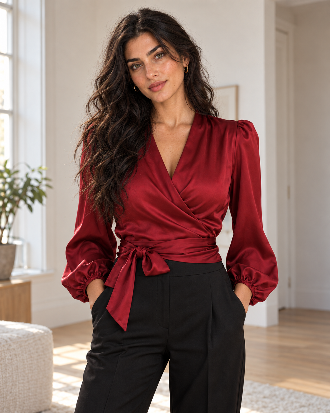 Blushenne Satin Wrap Bow Blouse on a distinct photorealistic fashion model