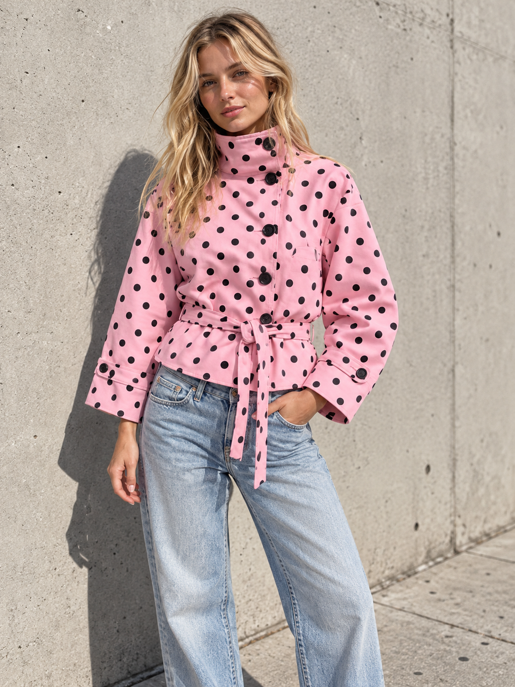 Pippa pink polka-dot belted jacket styled with blue jeans