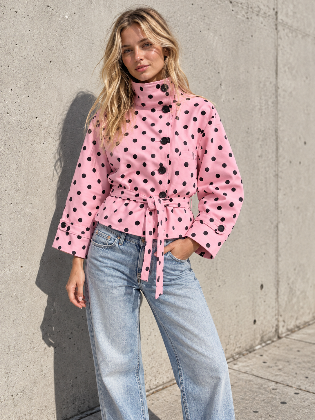 Pippa pink polka-dot belted jacket styled with blue jeans