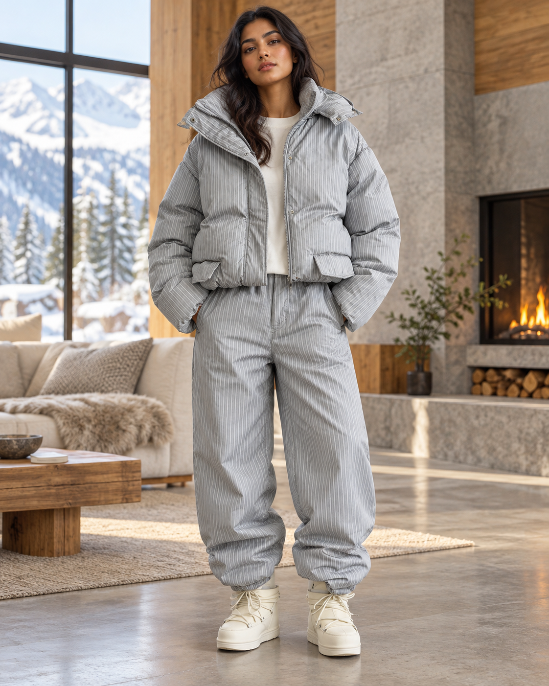 Striped Turtleneck Puffer Coat & Wide-Leg Pants Set modeled hero image